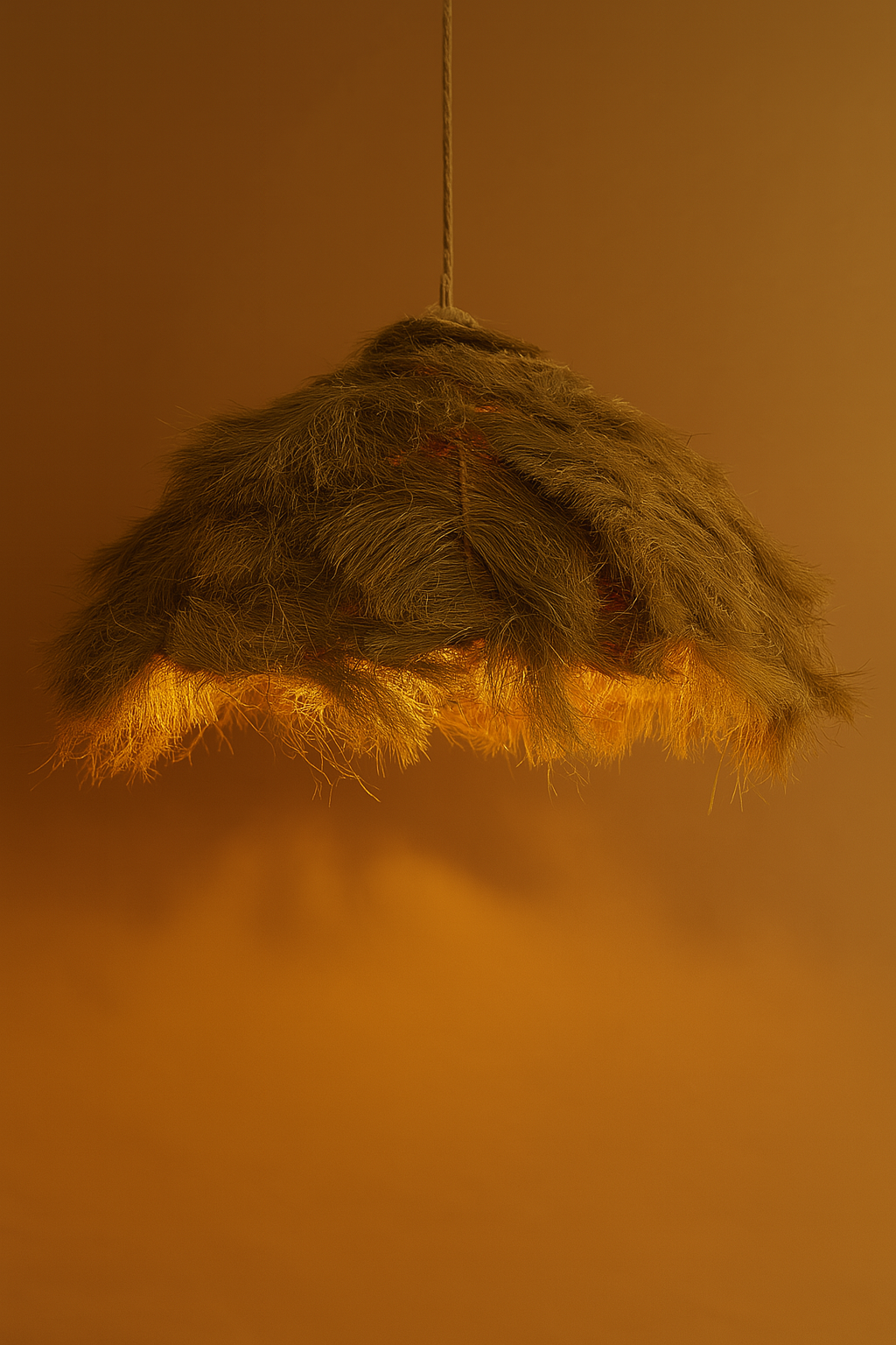 A photograph showcases a pendant light made from textured sisal fronds arranged in a thatched silhouette, softly lit against a warm ochre wall.