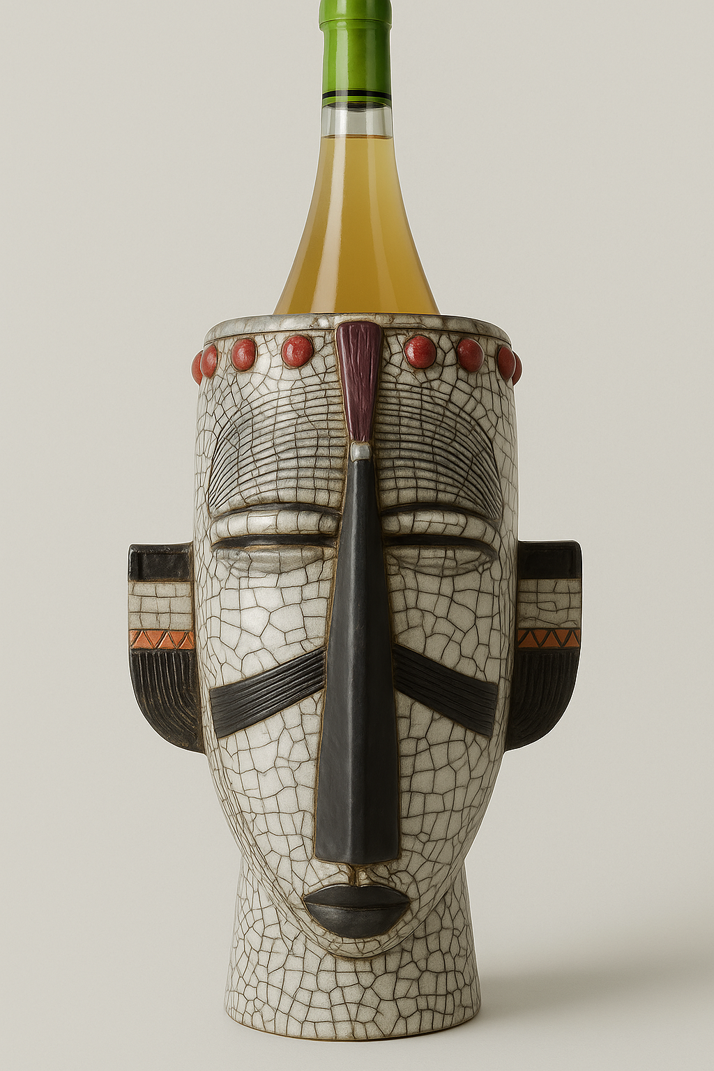 Handmade ceramic wine cooler with crackle glaze in the shape of an African mask, made in South Africa.