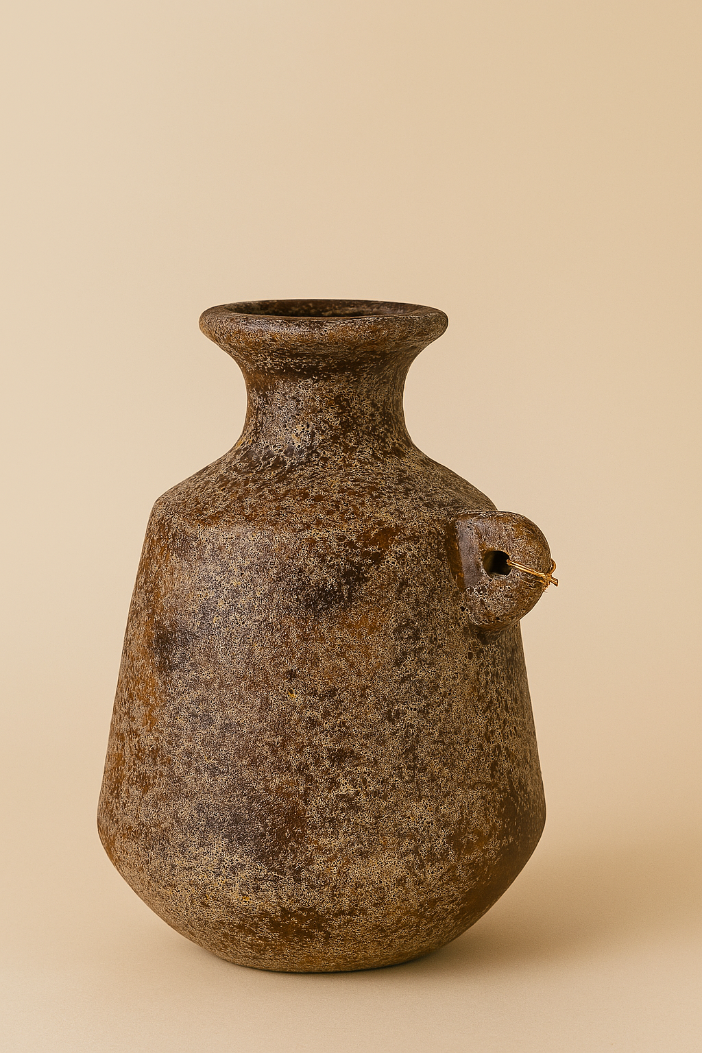Brown ceramic vase with a small spout on a beige background