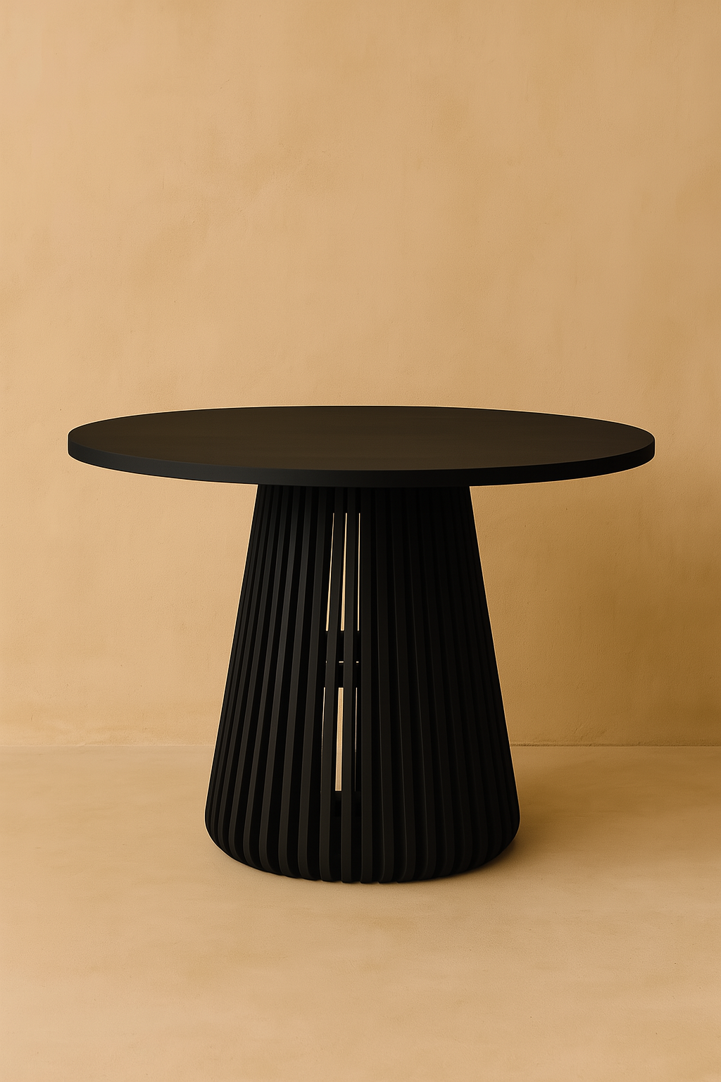Black round dining table with sculptural slatted base against a warm beige background