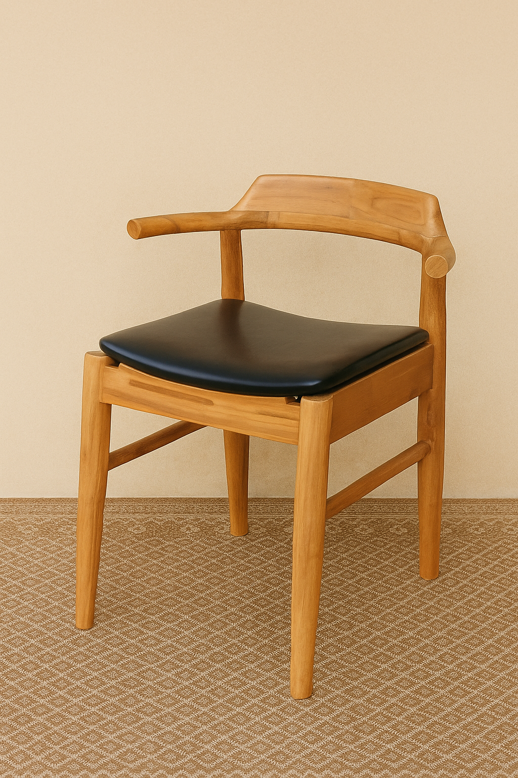 Wooden dining chair with a sculpted curved backrest and smooth black leather seat cushion, placed on a patterned beige rug against a soft neutral wall