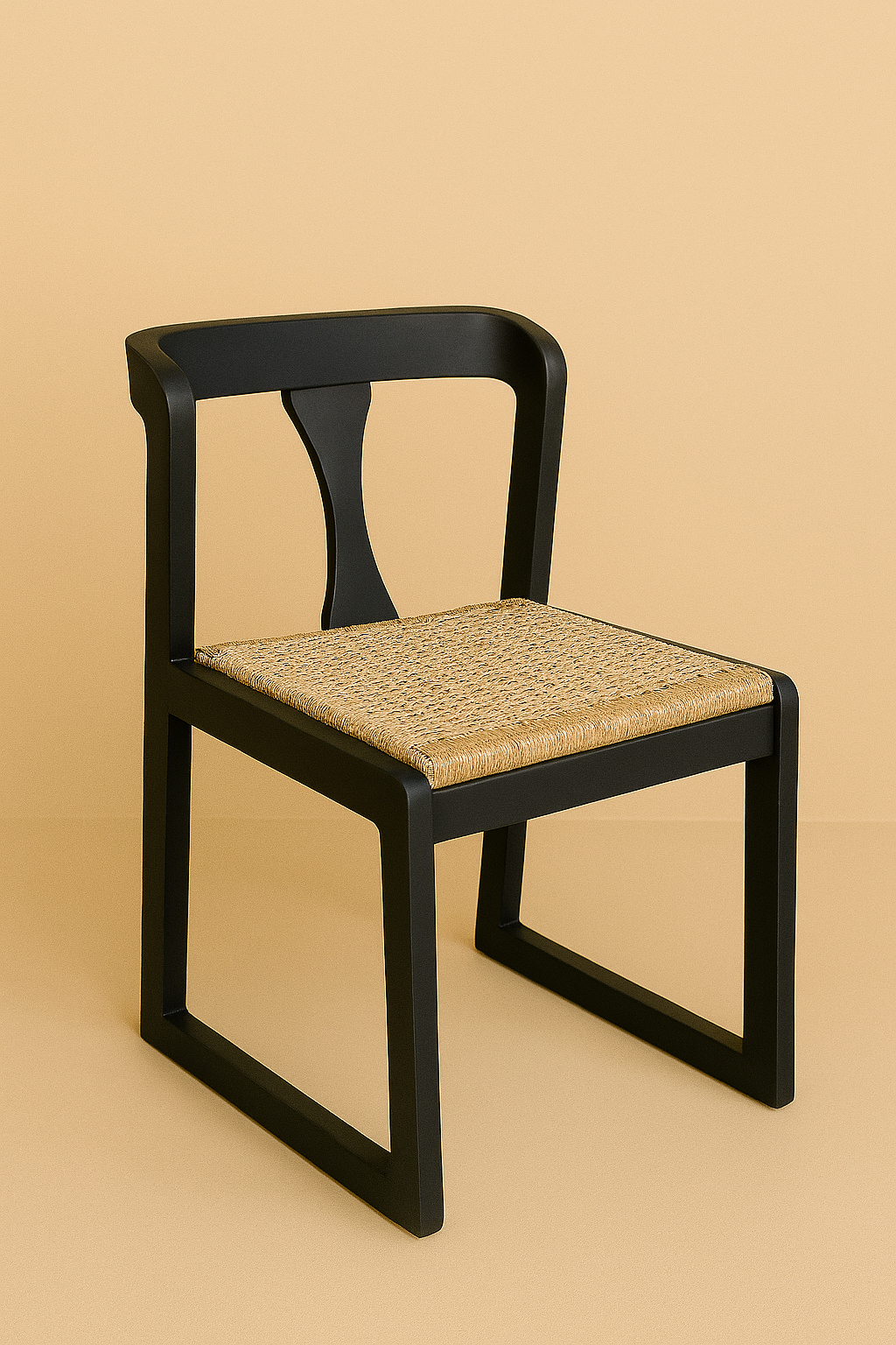 A black-framed dining chair with a woven natural seat, styled against a soft neutral background.