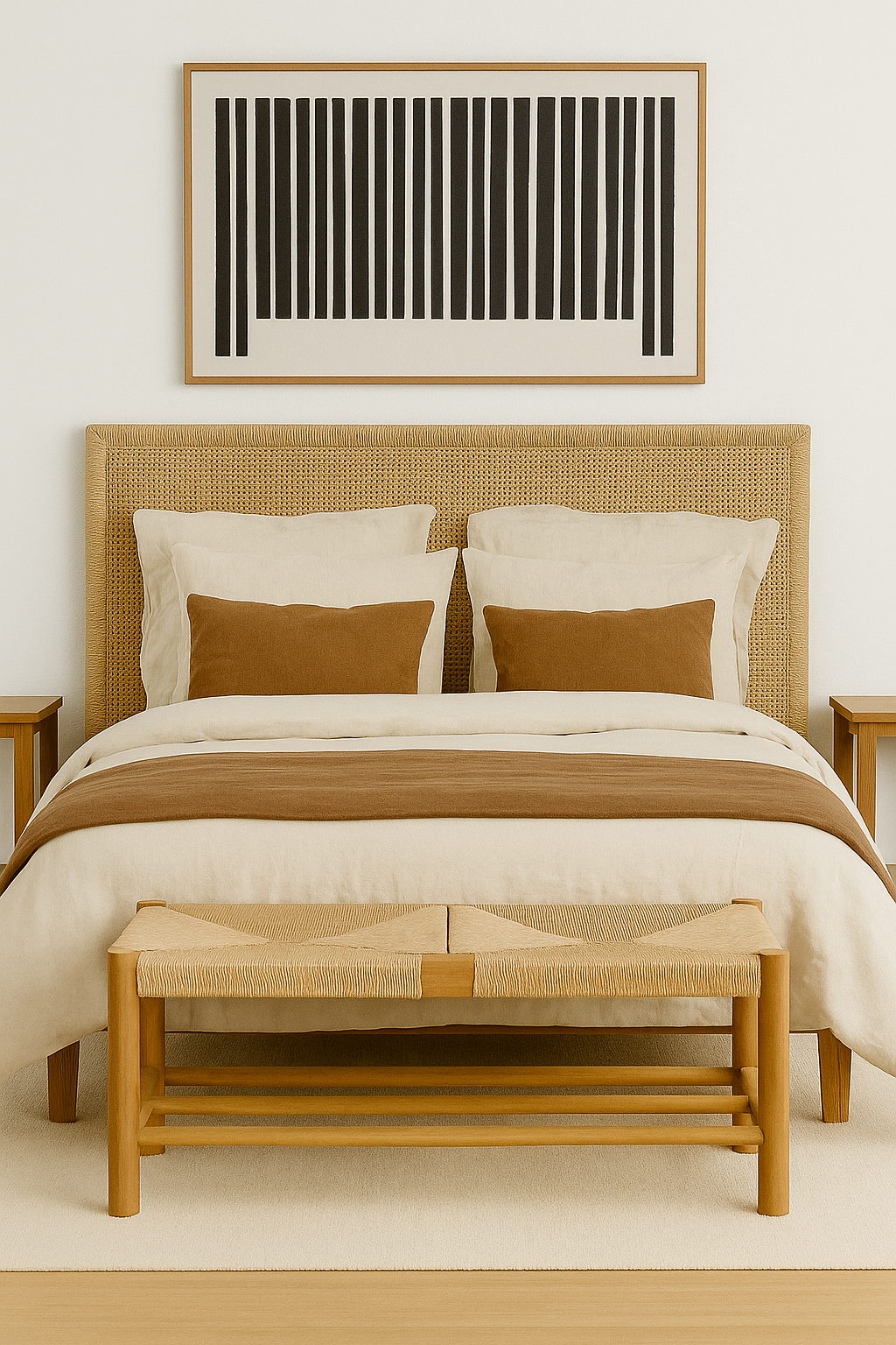 Evora double bench with natural wood frame and handwoven twine seat placed at the foot of a woven headboard bed.