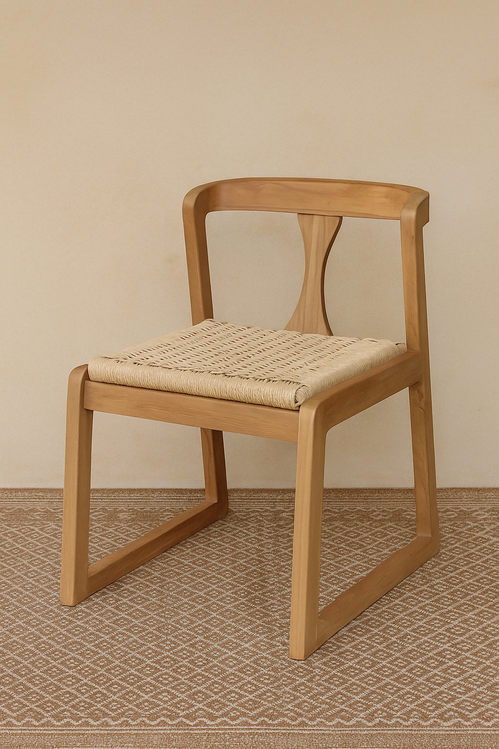Evora I teak dining chair with handwoven seat and sculpted wooden backrest, styled on a textured rug against a neutral wall