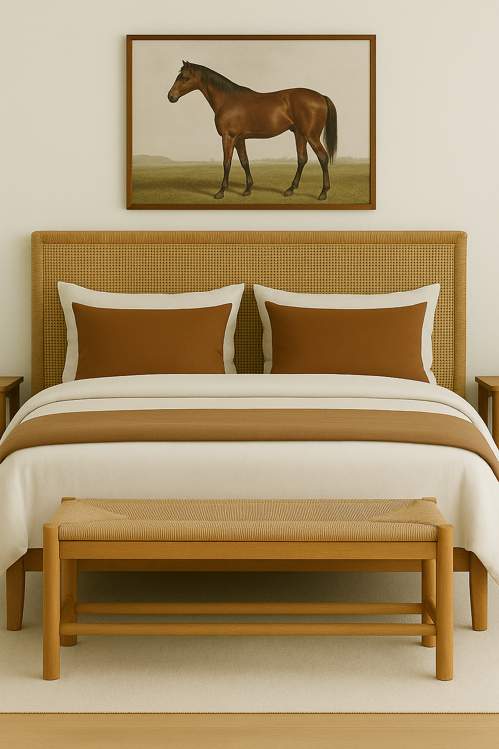 Evora single bench with natural wood frame and woven twine seat styled at the foot of a woven headboard bed.