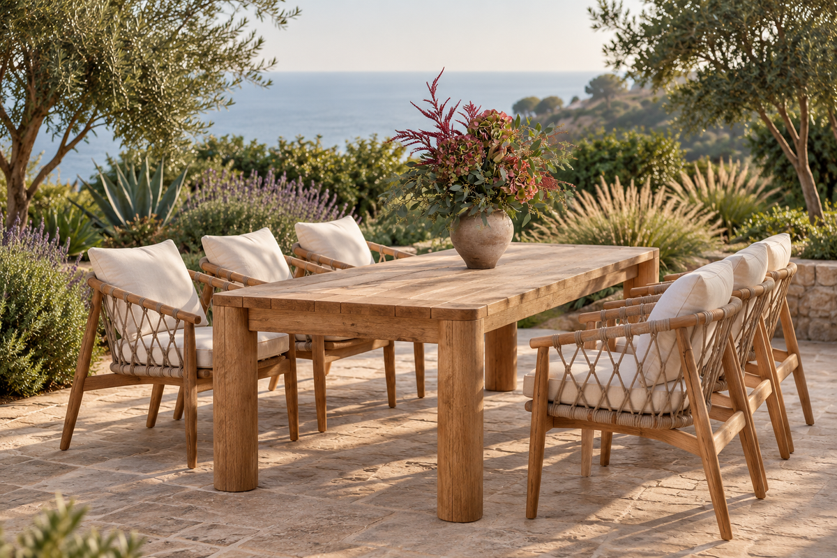 EVORA Dining Table and Chairs set in solid teak wood with rope-woven chairs and cream cushions, styled on a Mediterranean terrace with ocean views and lush coastal gardens