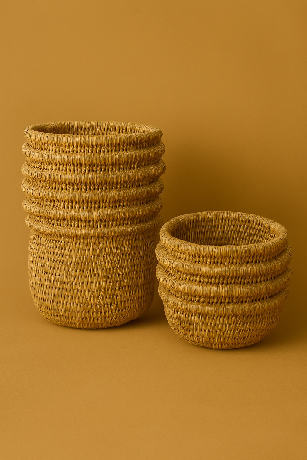 Two handmade Gogo Christina baskets woven from Lutindzi and Lucazi grass, crafted in Eswatini – one tall and narrow, the other short and wide.