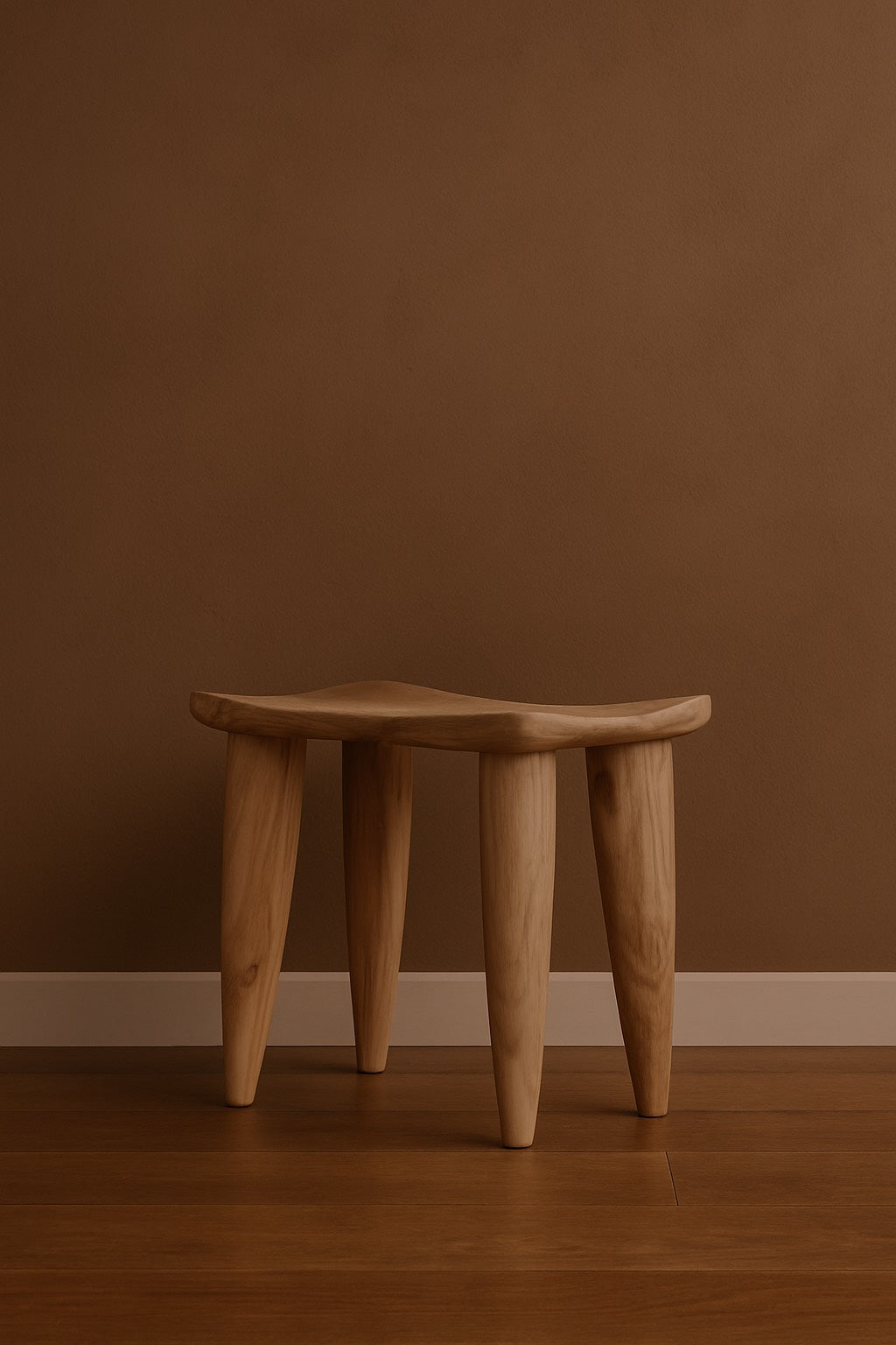 A sculptural four-legged wooden stool with an organic, undulating seat, photographed against a rich brown wall and wooden floor.