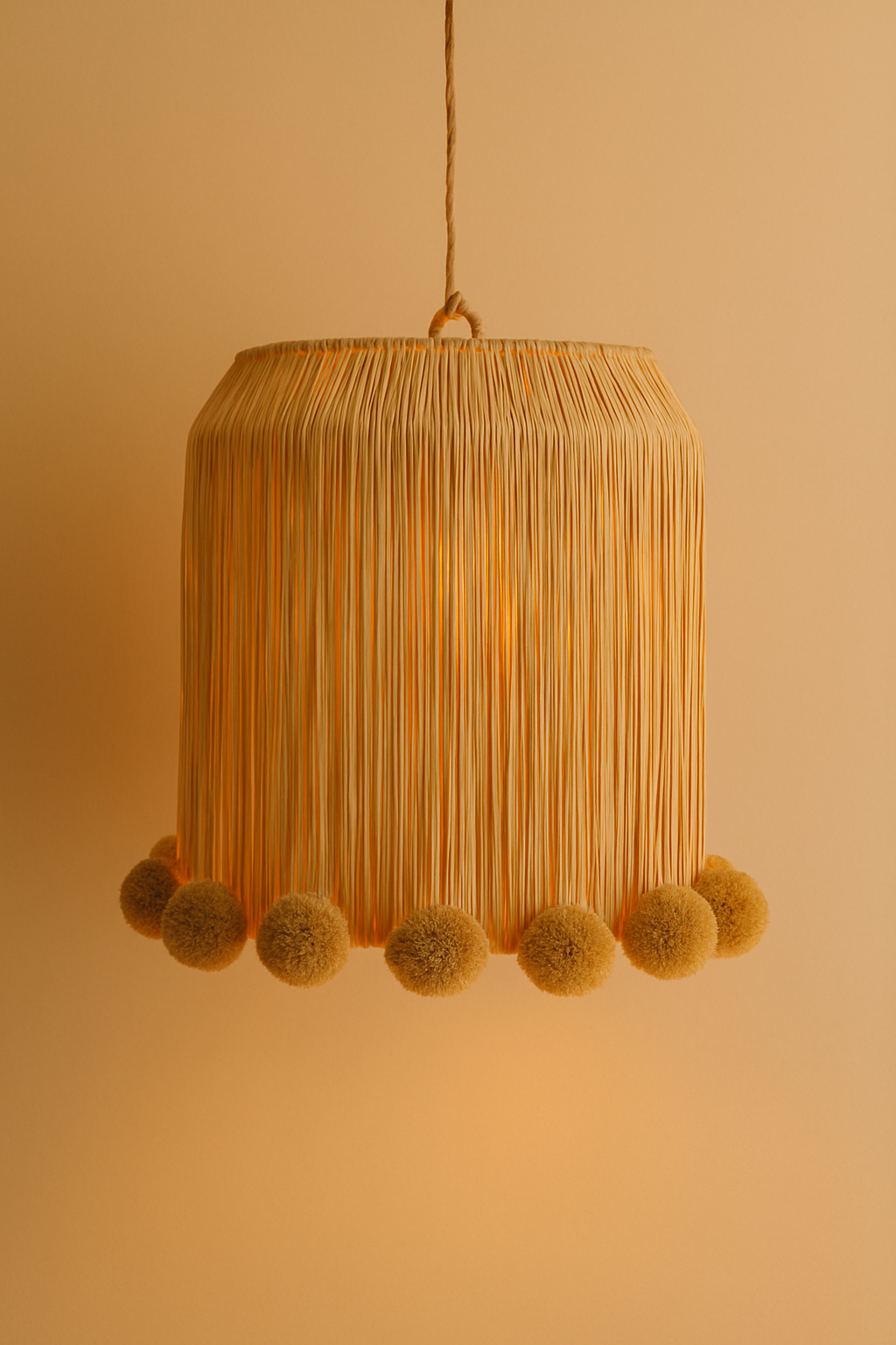 A handcrafted raffia pendant light with cascading strands and pompom detailing, suspended by a twisted cord against a warm neutral wall.