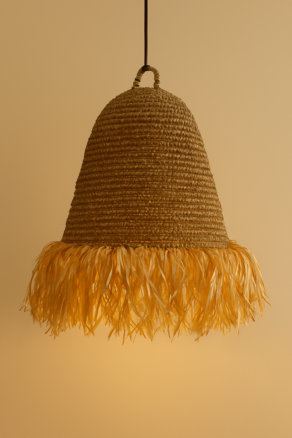 A pendant lampshade with a handwoven raffia body and long natural fringe, suspended against a soft beige background.