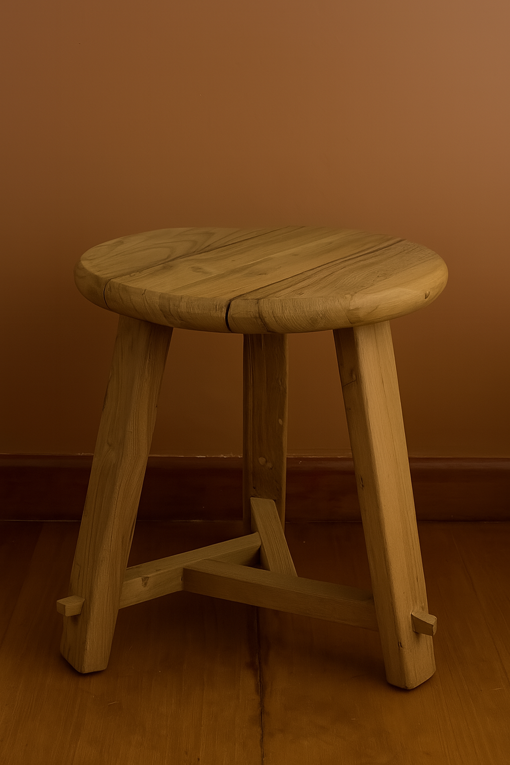 Handcrafted round wooden stool with three legs and rustic finish against a soft brown wall