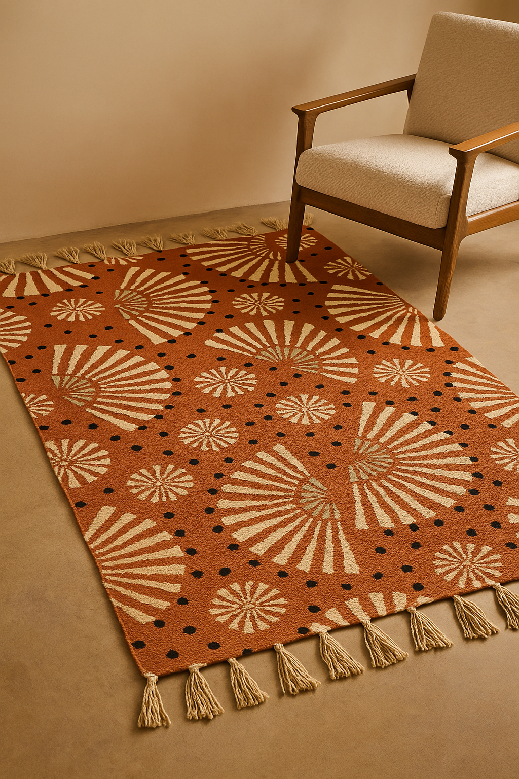 Lesa hand-tufted cotton rug with ivory sunburst motifs and black dots on a terracotta background, finished with thick tassels and styled beside a wooden armchair.