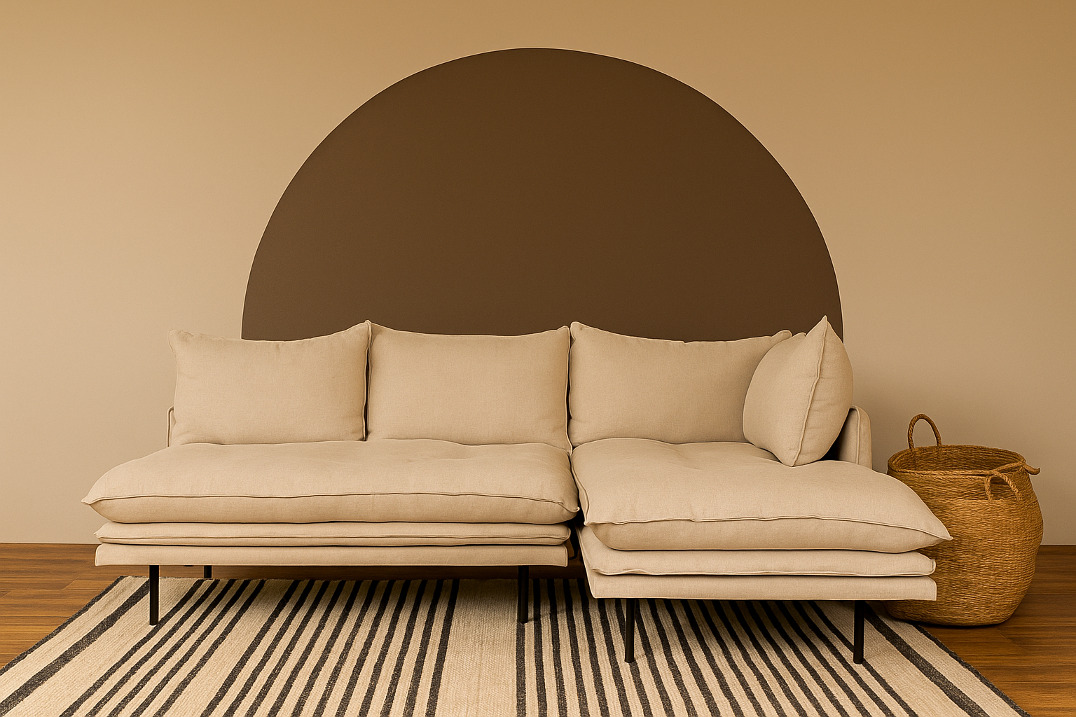 Lindi Sofa in natural sand linen with black legs, styled against a half-moon mural and striped rug