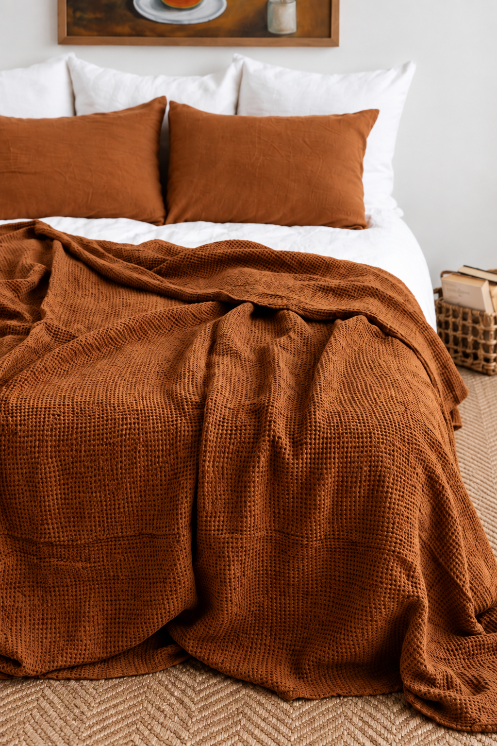Linen-cotton waffle blanket with a soft, textured weave, made in Lithuania.