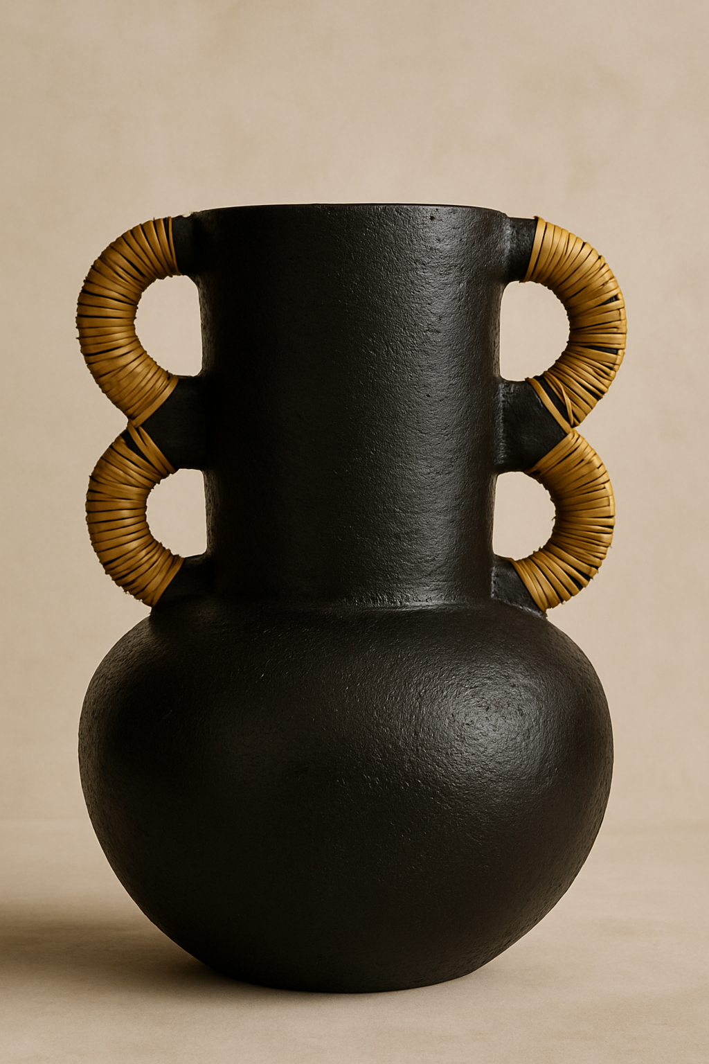 Black vase with 4 handles wrapped in rattan on a beige background
