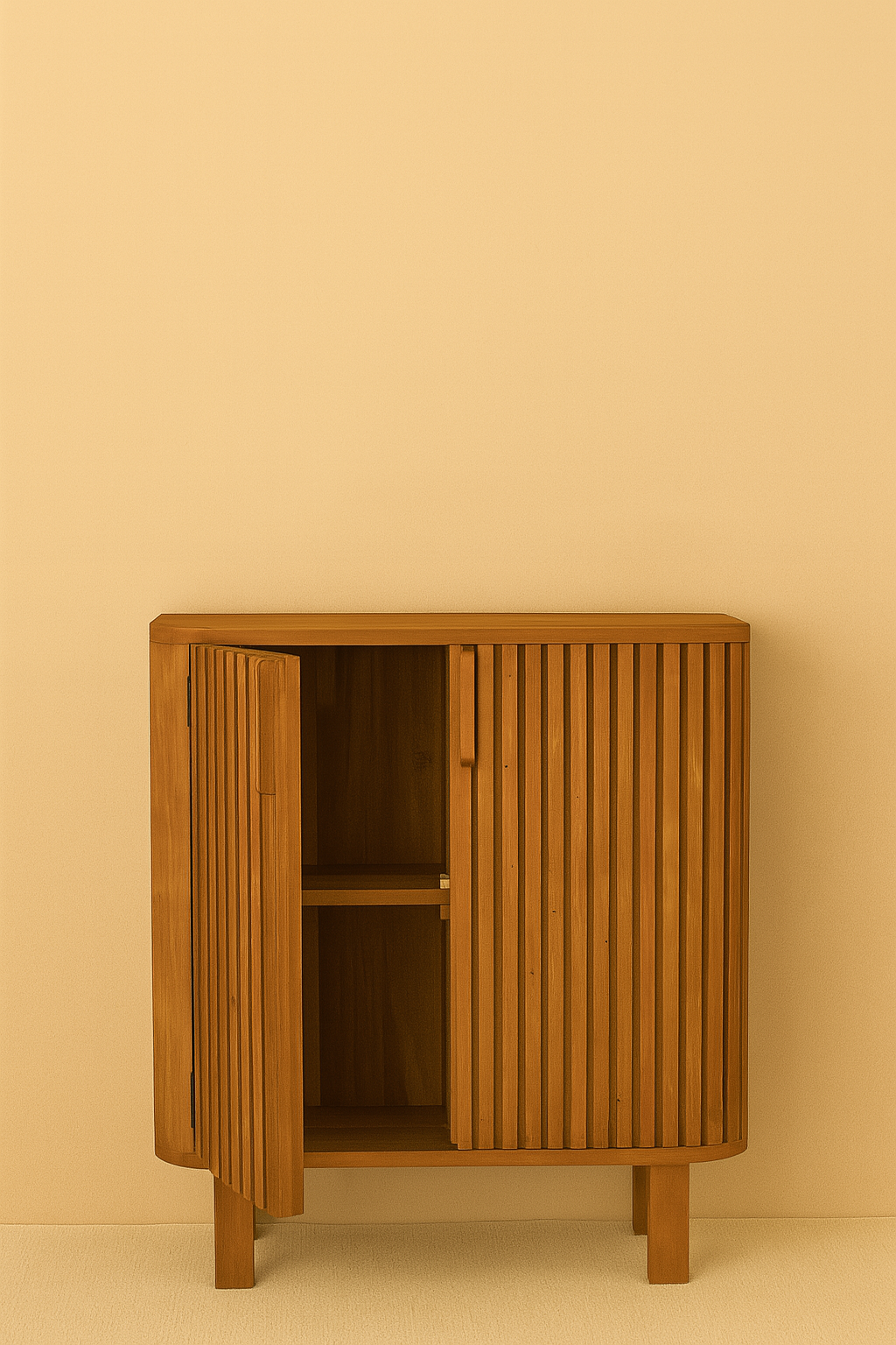 A freestanding wooden cabinet with vertical slatted doors and rounded corners
