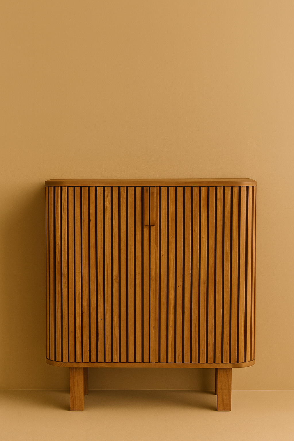 A freestanding wooden cabinet with vertical slatted doors and rounded corners