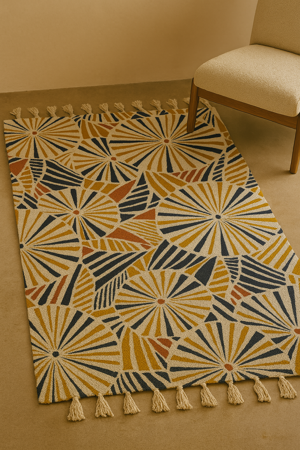 Motsu hand-tufted cotton rug with geometric sunburst pattern in ochre, navy, and terracotta, styled with a neutral accent chair on a tan floor.