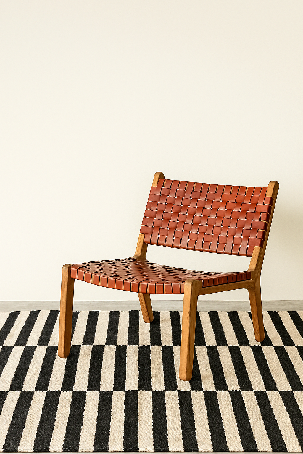 A mid-century style lounge chair with a woven brown leather seat and backrest on a solid teak frame, placed on a black and white striped rug against a neutral wall.
