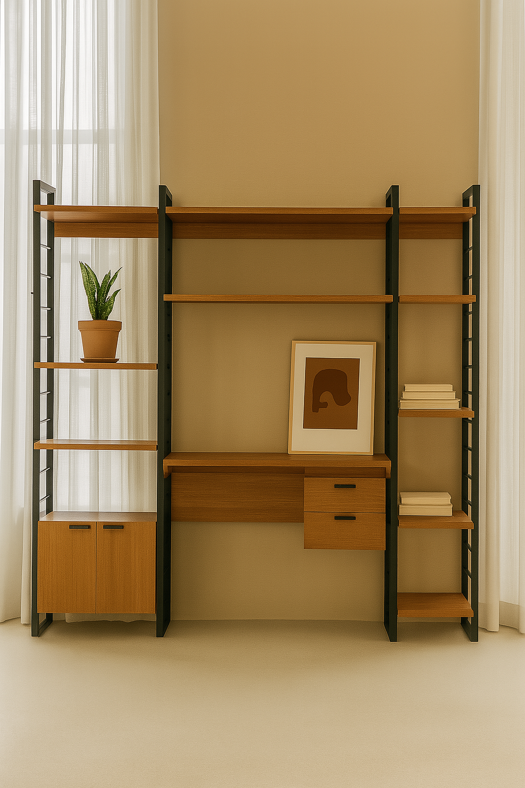 Modular wooden shelving unit with desk and drawers, styled with books and decor