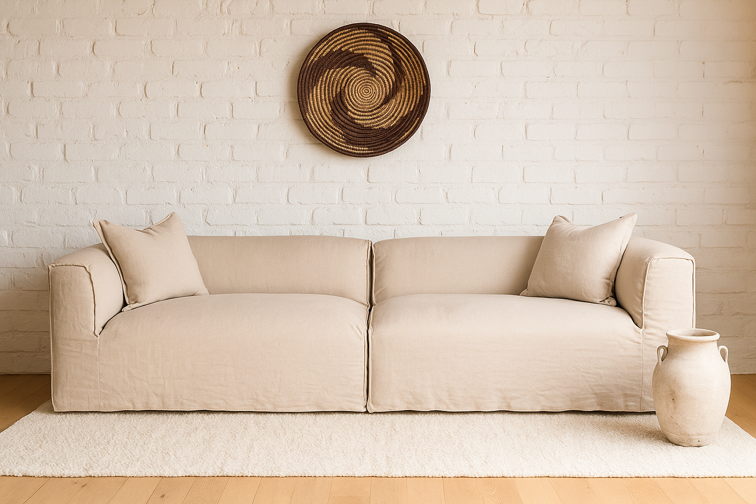 New Slow Sofa in natural 100% linen, styled against a white brick wall with soft rug and clay vase