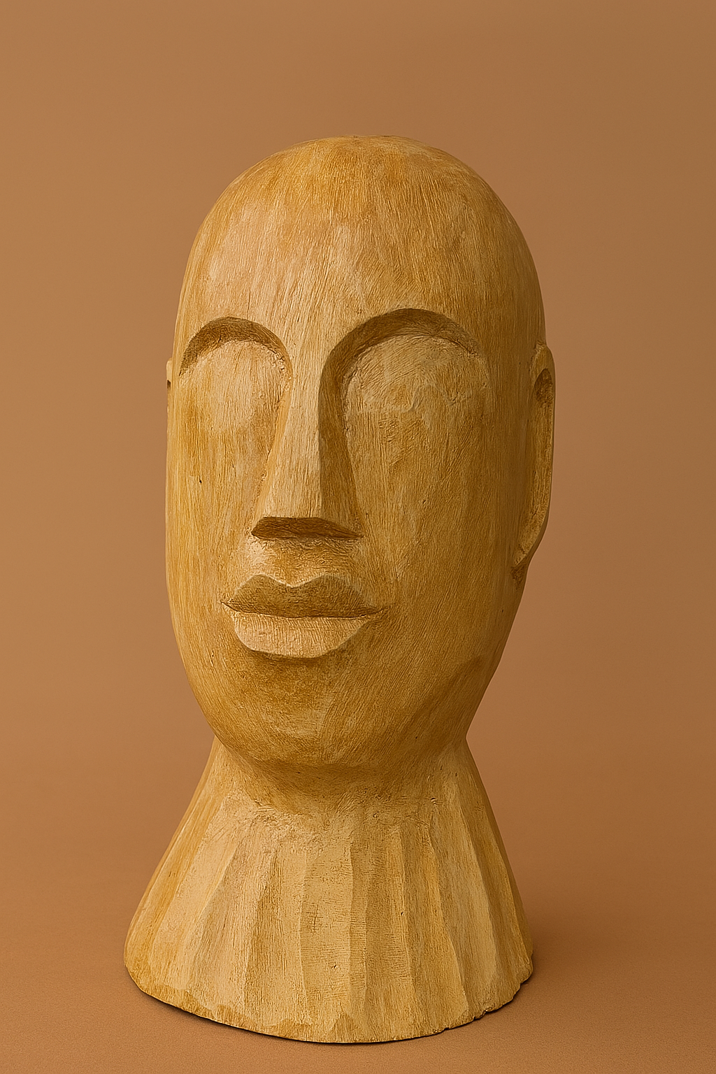 Hand-carved wooden sculpture head named Nommo with a raw, organic finish, inspired by African Dogon symbolism, placed against a warm neutral background.