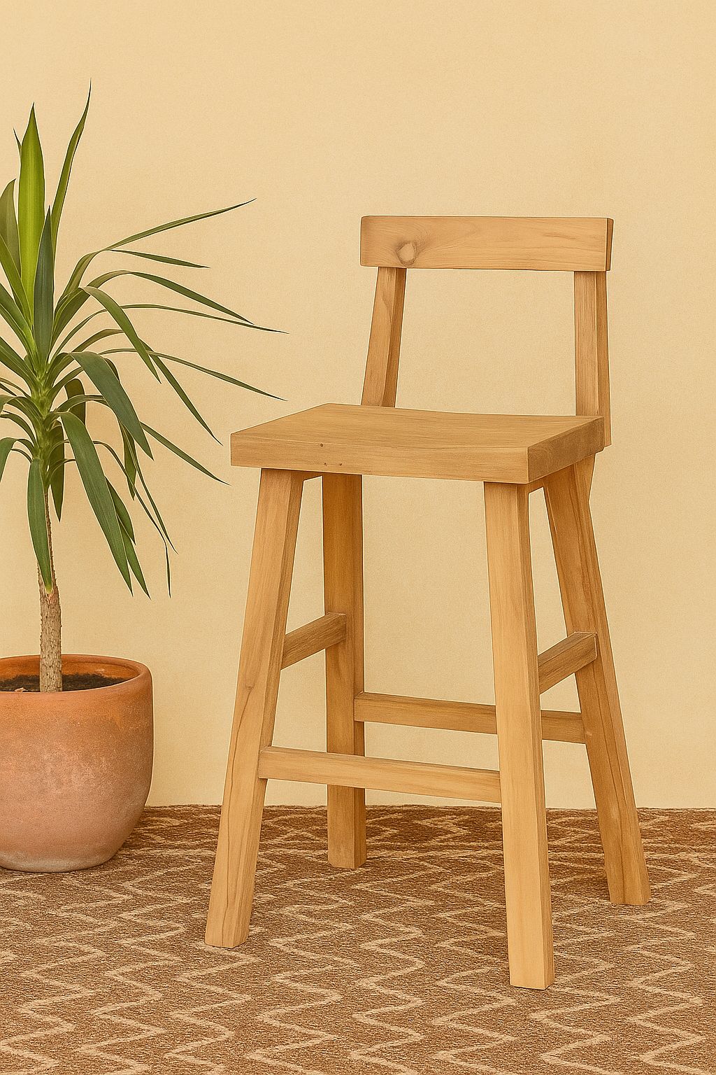 Nora bar stool in natural wood finish with backrest, styled on a patterned rug next to a potted plant against a warm beige wall