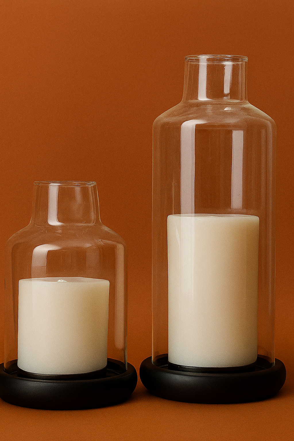 Two glass candle holders with white candles on an orange background