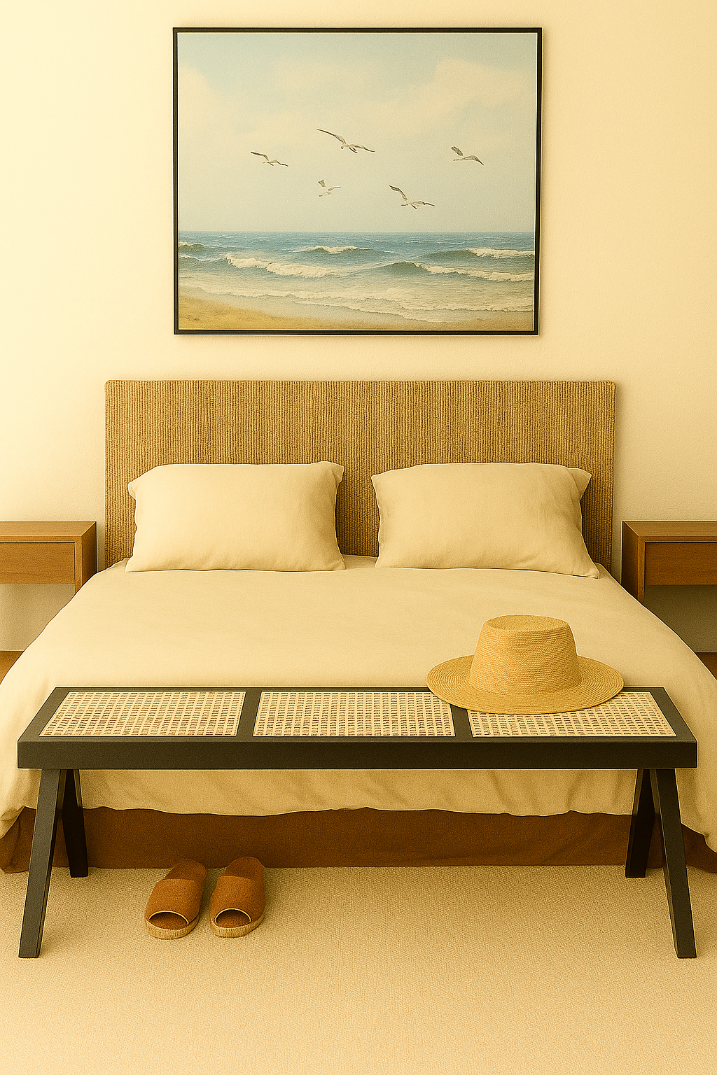 A contemporary black wood bench with natural cane inlay, placed at the foot of a bed in a warm, coastal-inspired bedroom setting.