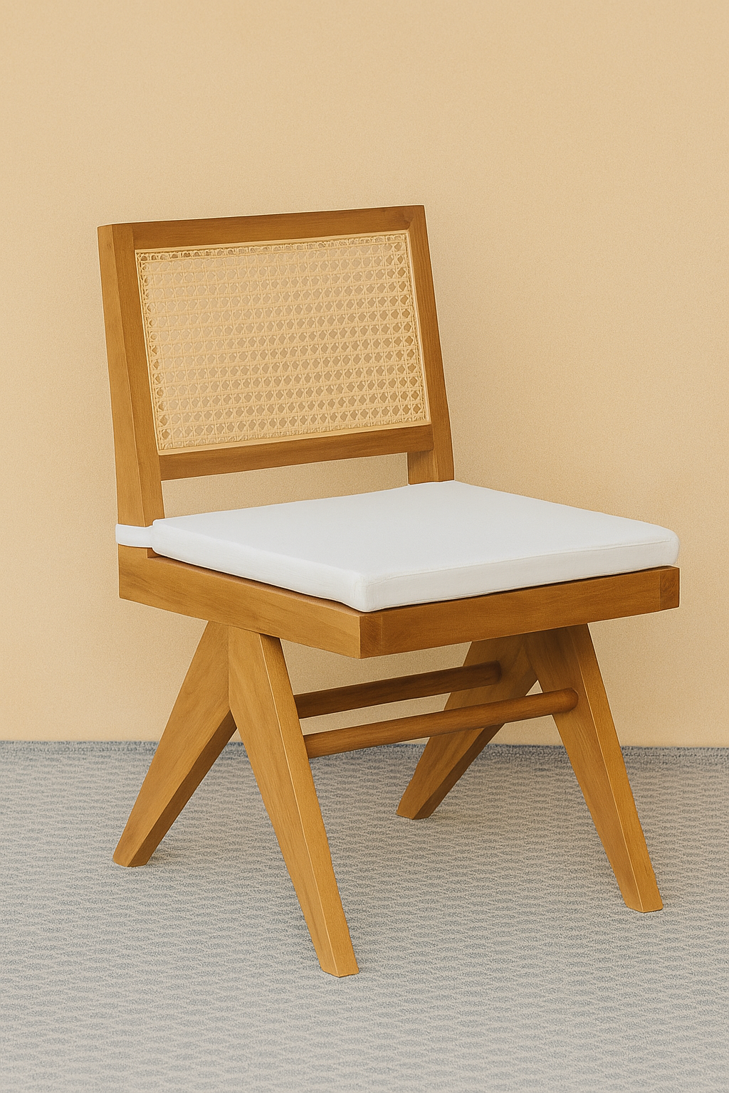Palma chair with woven rattan backrest and cushioned seat, set against a soft beige wall and light patterned rug