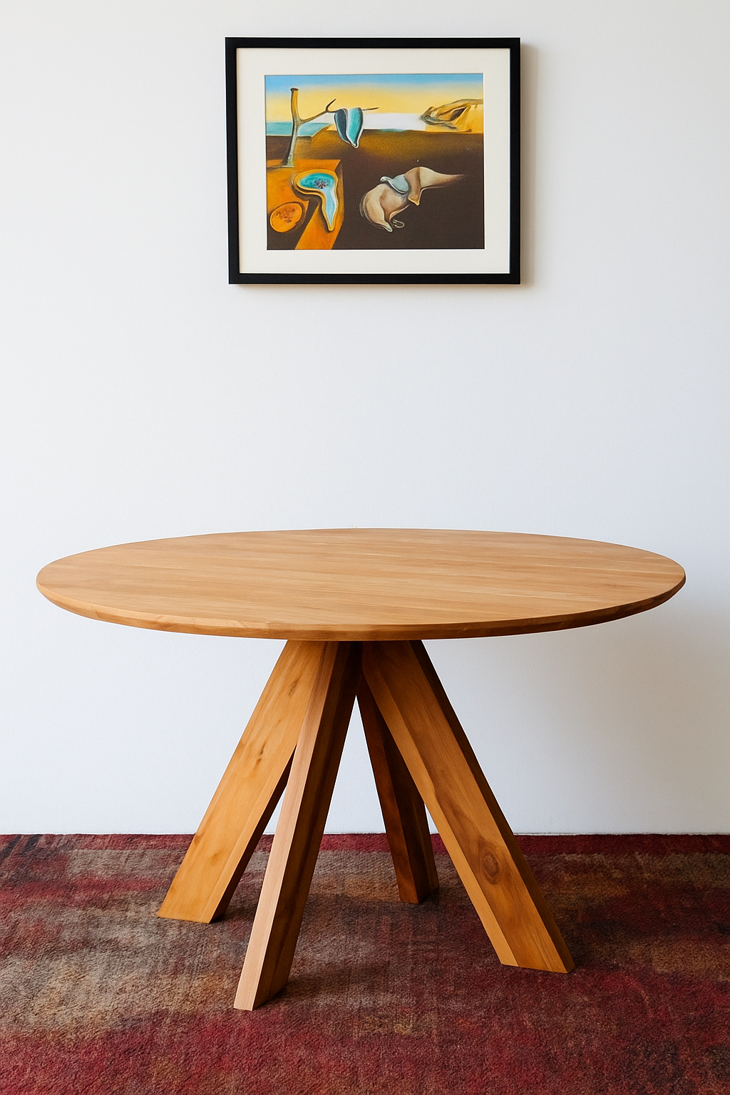 Round natural wood dining table with sculptural angled base, styled on a red-toned rug