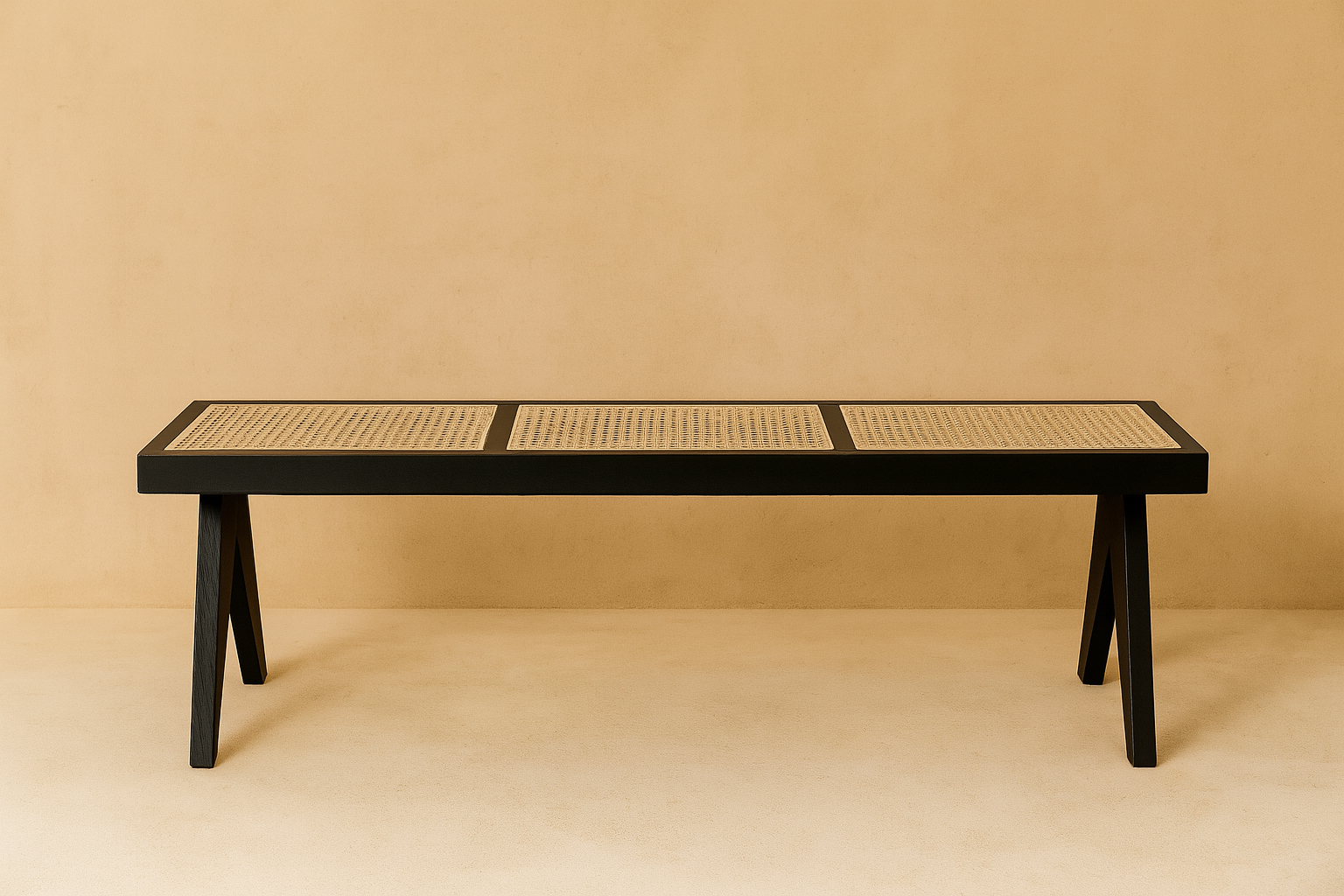 Wooden bench with rattan woven seat on a beige background