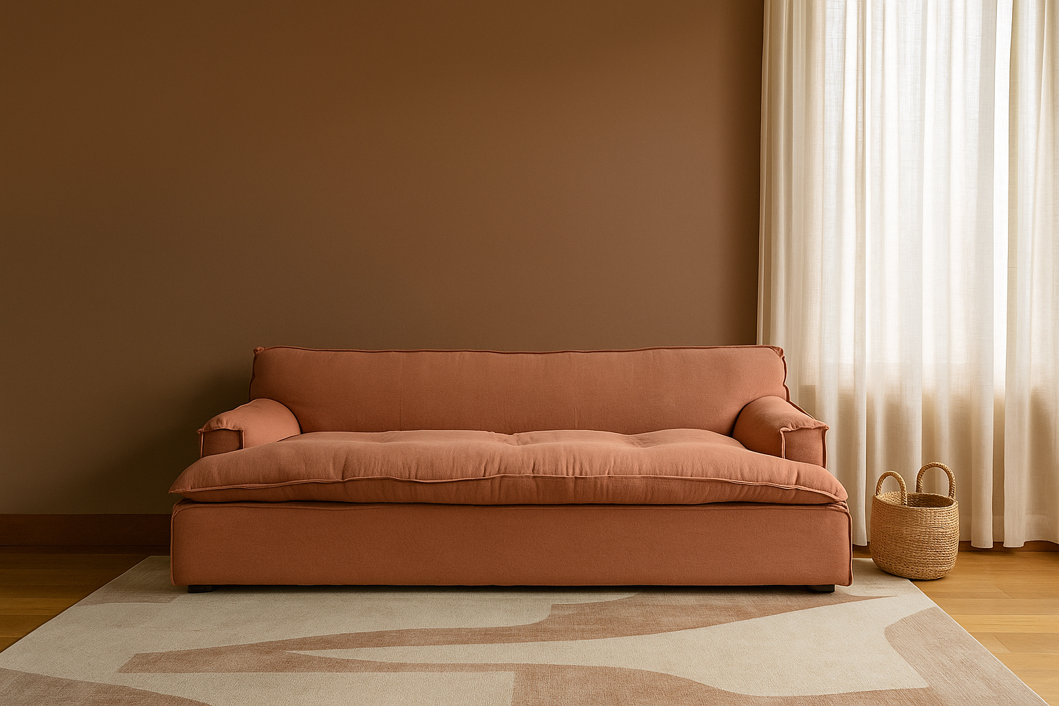 Terracotta three-seater sofa with deep cushions, styled in front of sheer curtains on a striped natural fiber rug in a neutral-toned room