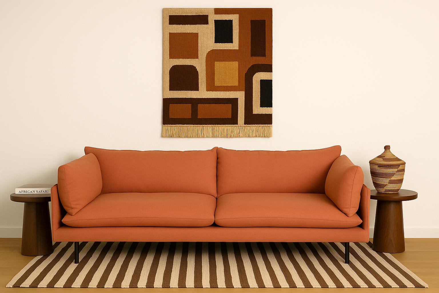 Modern 3-seater burnt orange sofa in 100% linen. Clean lines and bolster-style side cushions, placed on a striped jute rug in a bright minimalist living space