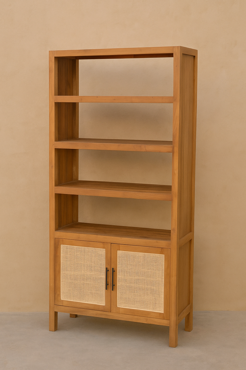 Edina Bookshelf in solid natural teak with open shelves and lower cabinet doors featuring woven cane panels, handcrafted storage unit for homes, lodges, and boutique hotels.