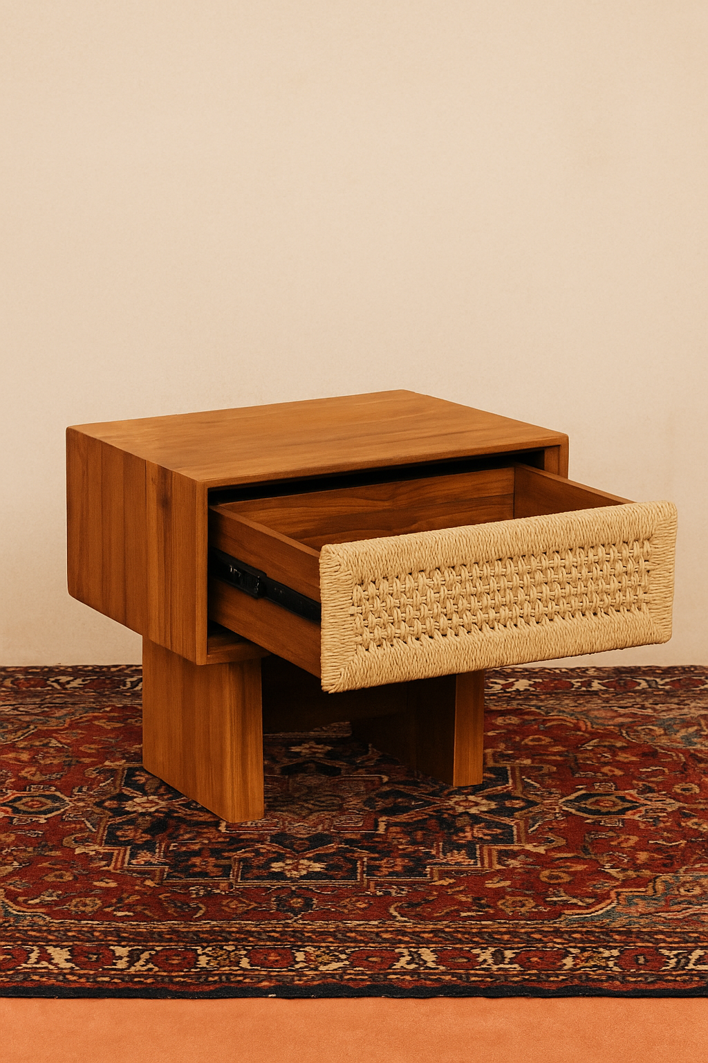 Evora Bedside Cabinet in solid teak with handwoven natural cord drawer front and block legs, handcrafted nightstand for boutique hotels, luxury lodges, and high-end bedrooms.