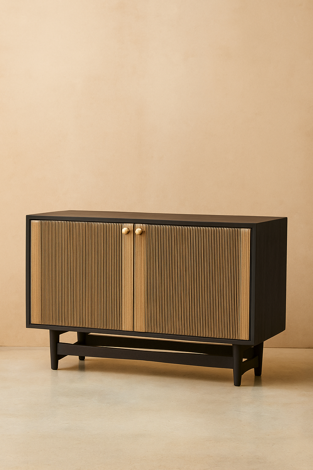 Hugo Cabinet in black solid teak with Viro cord weave doors, elevated base, and white knobs, handcrafted sideboard for homes, lodges, and boutique hotels.

