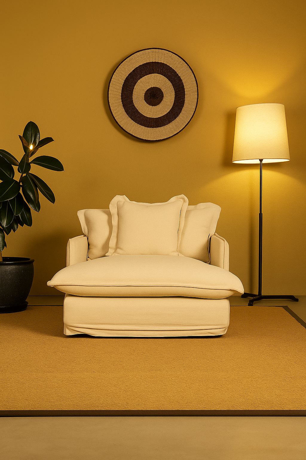 Oversized cream lounge chair in 100% linen. Plush cushions styled against a mustard wall, woven wall art, floor lamp, and potted plant