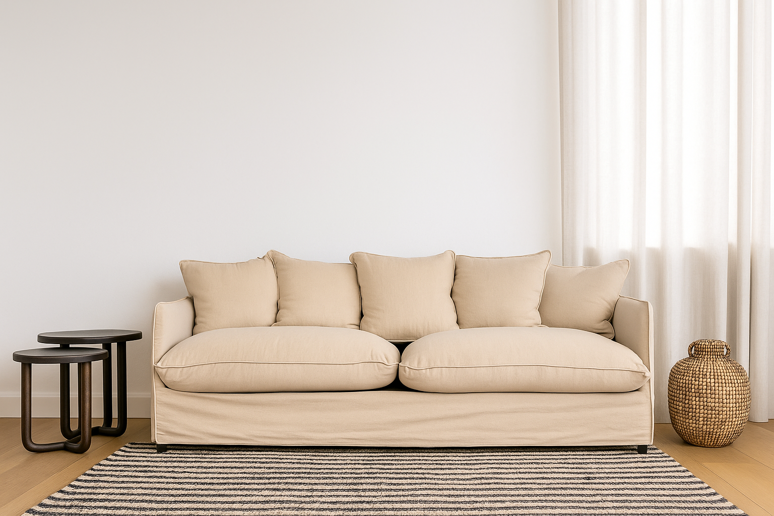 Neutral-toned three-seater sofa with plush cushions, styled with a curved floor lamp, abstract artwork, and striped rug in a soft yellow living space