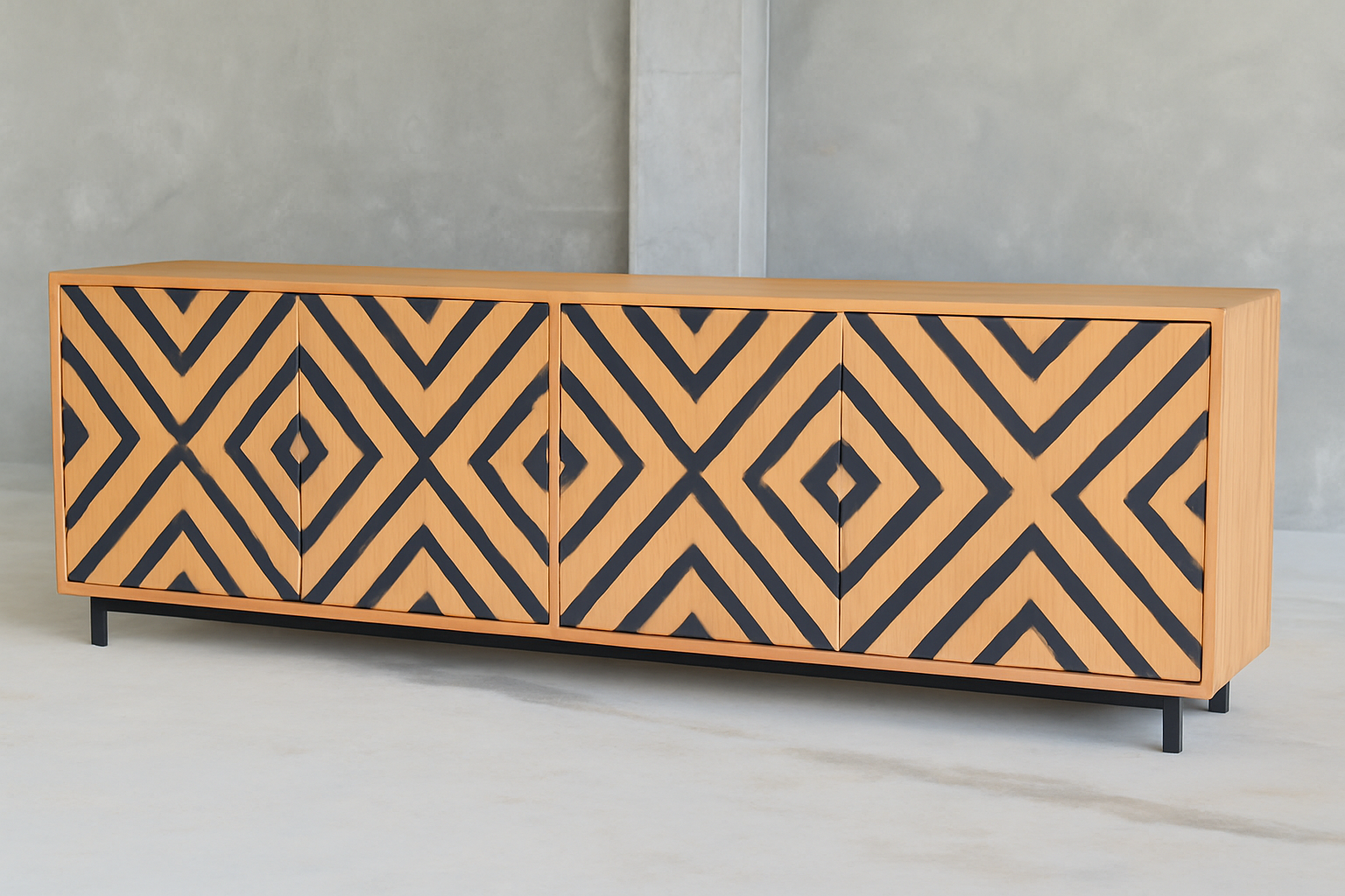Kubi Media Console in solid teak with hand-applied black geometric pattern, four-door cabinet with metal base, handcrafted for homes, lodges, and boutique hotels.