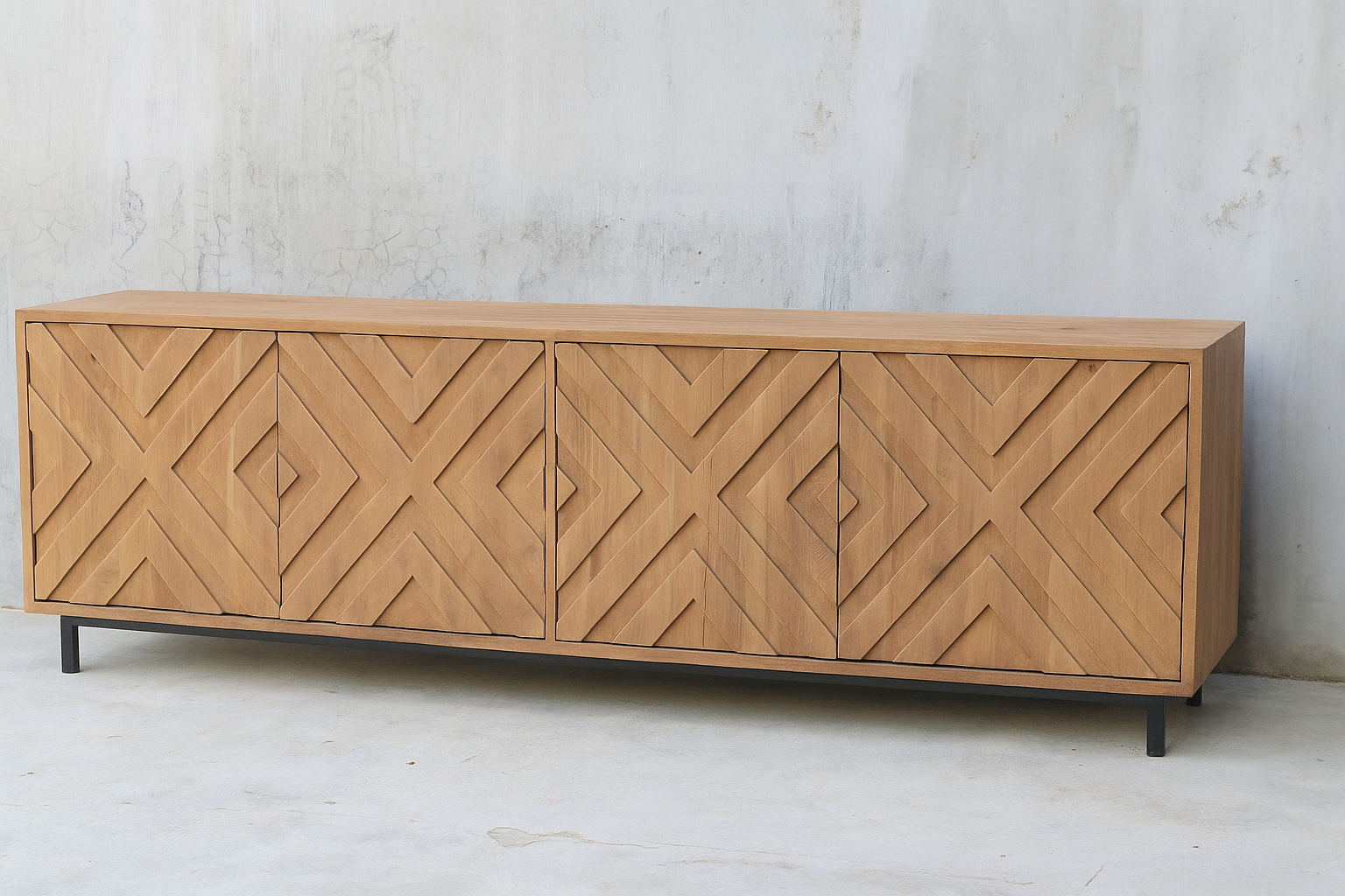 Kubi Media Console in solid teak with natural wood tone geometric pattern, four-door cabinet with metal base, handcrafted for homes, lodges, and boutique hotels.