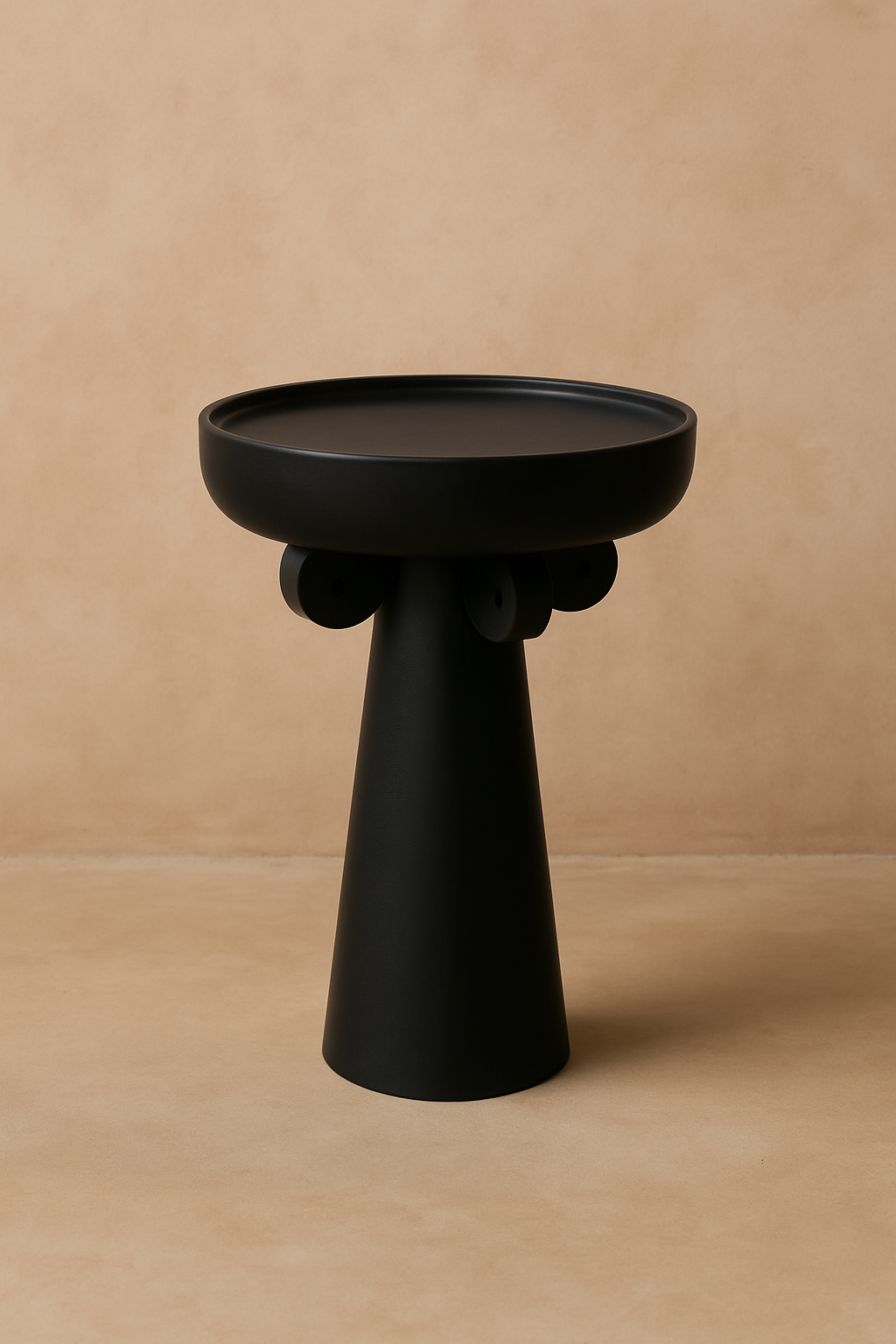 Mekele I Side Table in solid black-stained teak with round tray top, tapered conical base, and sculptural peg detailing, handcrafted for luxury interiors and boutique hotels.