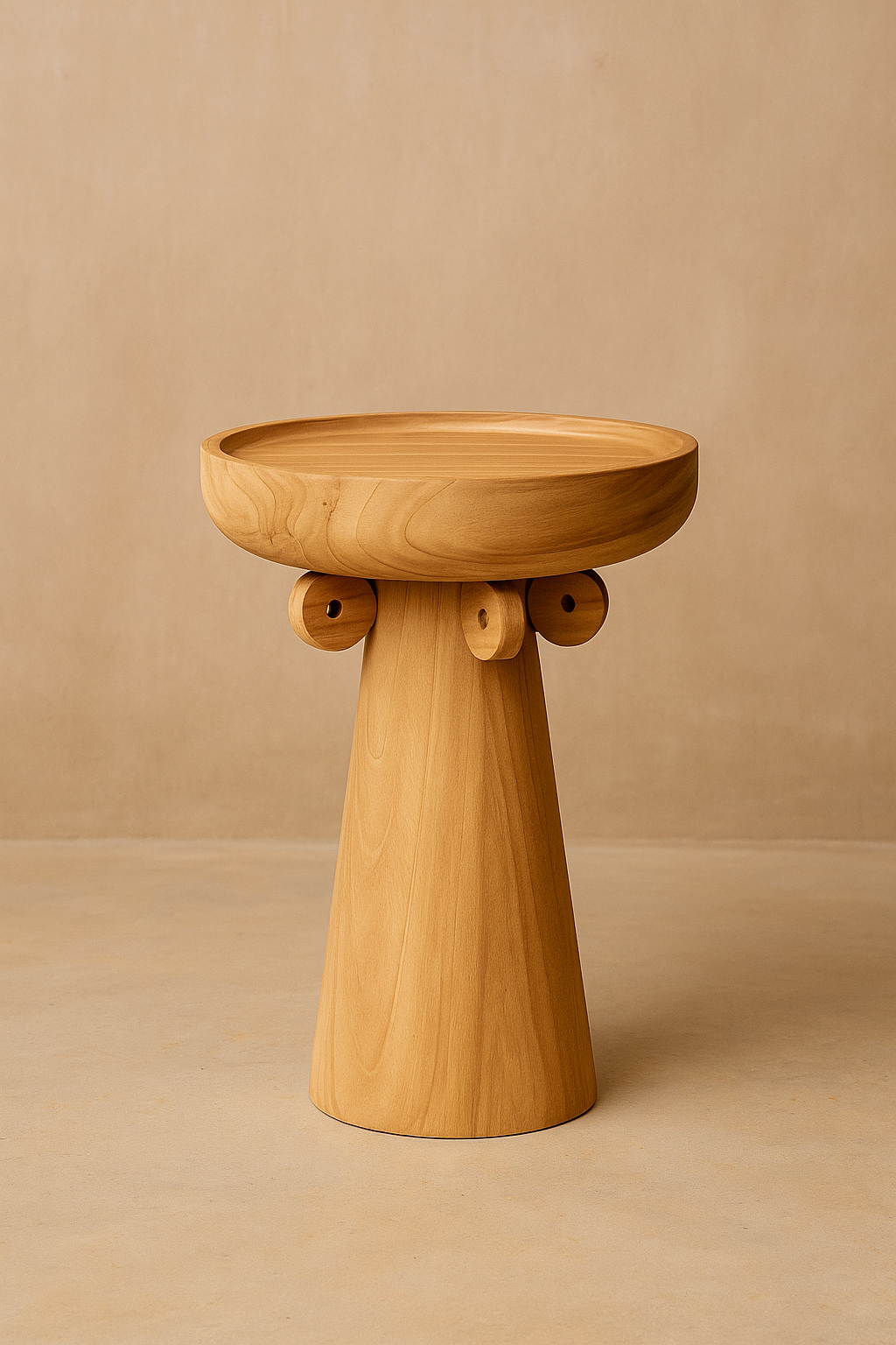 Mekele I Side Table in solid natural teak with round tray top, tapered conical base, and sculptural peg detailing, handcrafted for homes, lodges, and boutique hotels.

