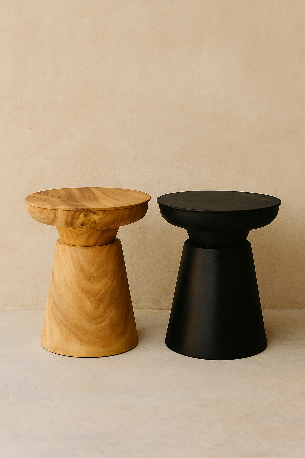 Mekele II Side Table in solid teak shown in natural and black finishes, with round top and sculptural stacked conical base, handcrafted accent table for homes, lodges, and boutique hotels.

