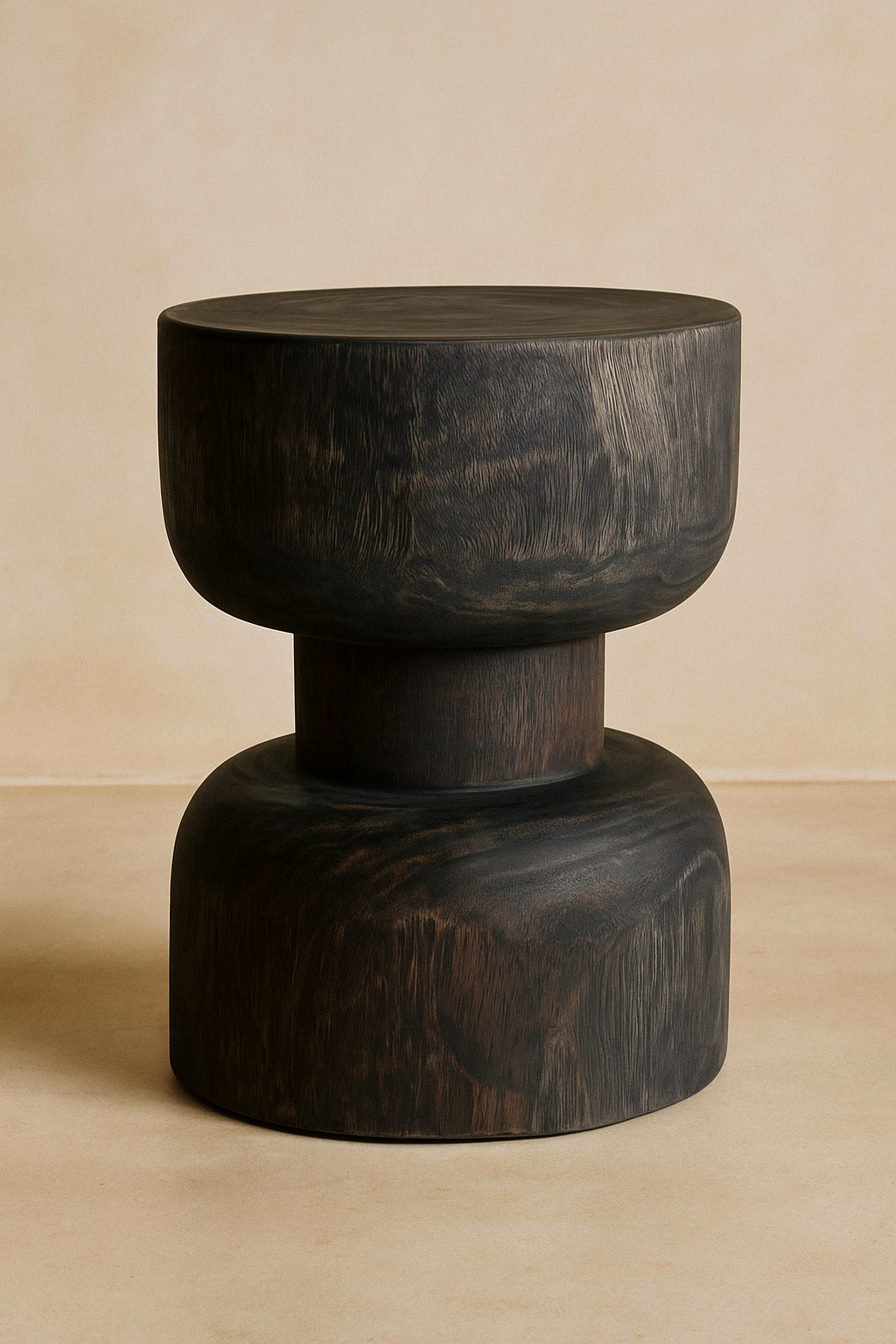 Mekele III Side Table in solid black-stained teak with stacked drum silhouette and organic textured finish, handcrafted sculptural accent table for homes, lodges, and boutique hotels.

