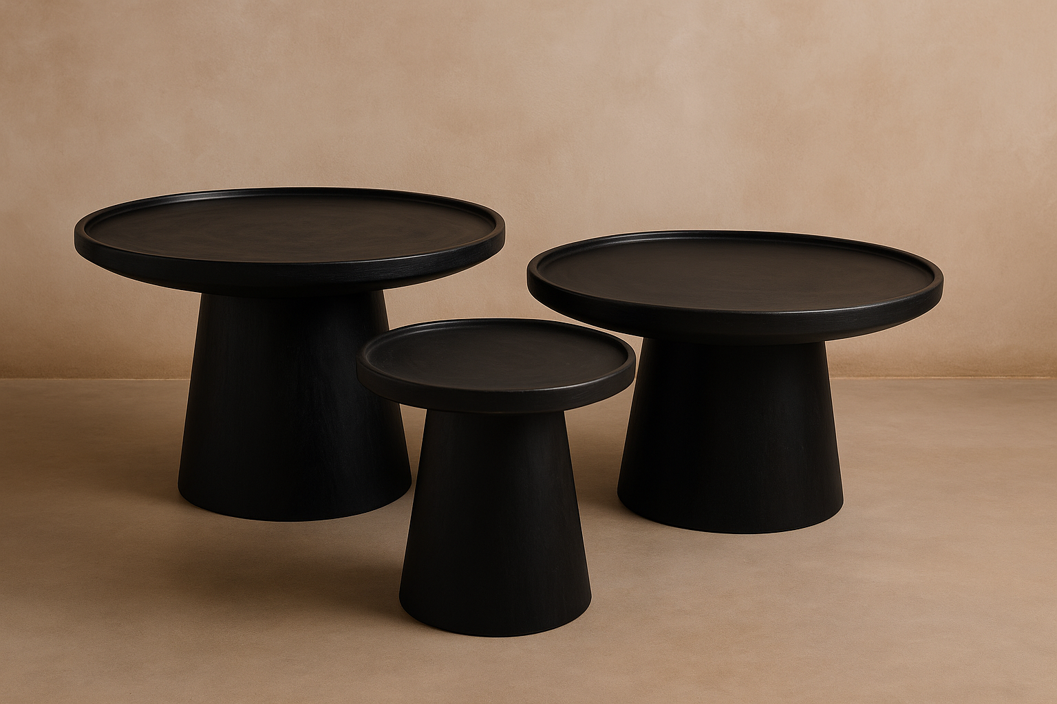 Mekele Coffee Table Set with three solid black-stained teak tables, round tops with raised lip edges, and sculptural conical bases, handcrafted for homes, lodges, and boutique hotels.

