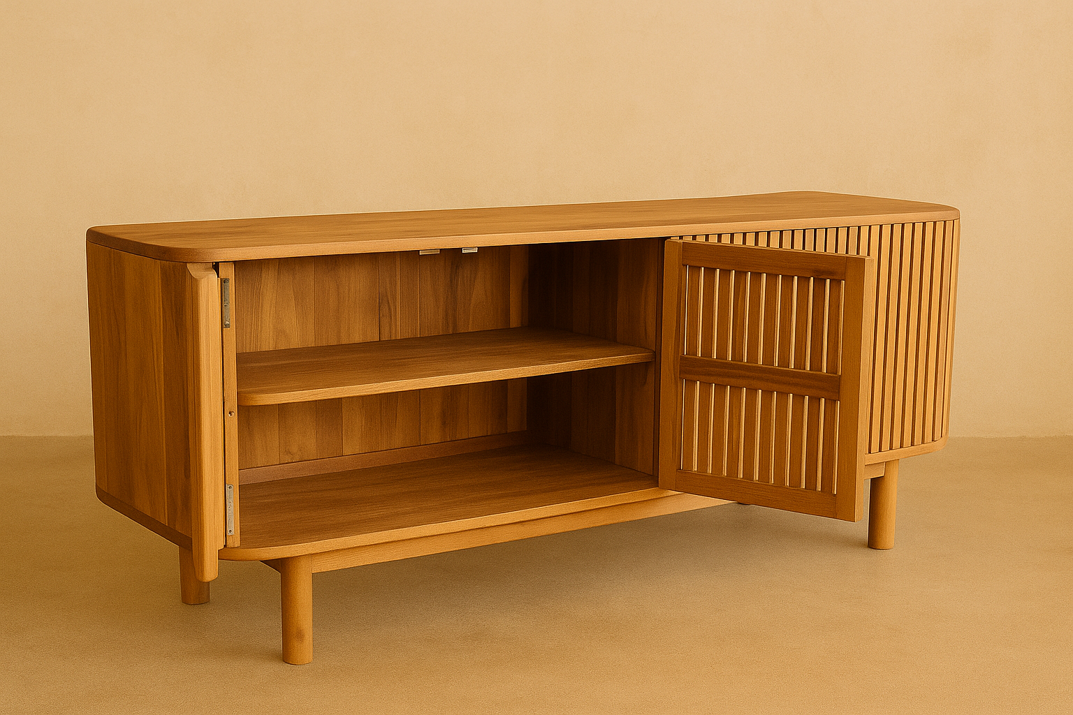 Memphis Media Console in solid natural teak with rounded corners, vertical slatted doors, and adjustable internal shelving, handcrafted storage cabinet for homes, lodges, and boutique hotels.