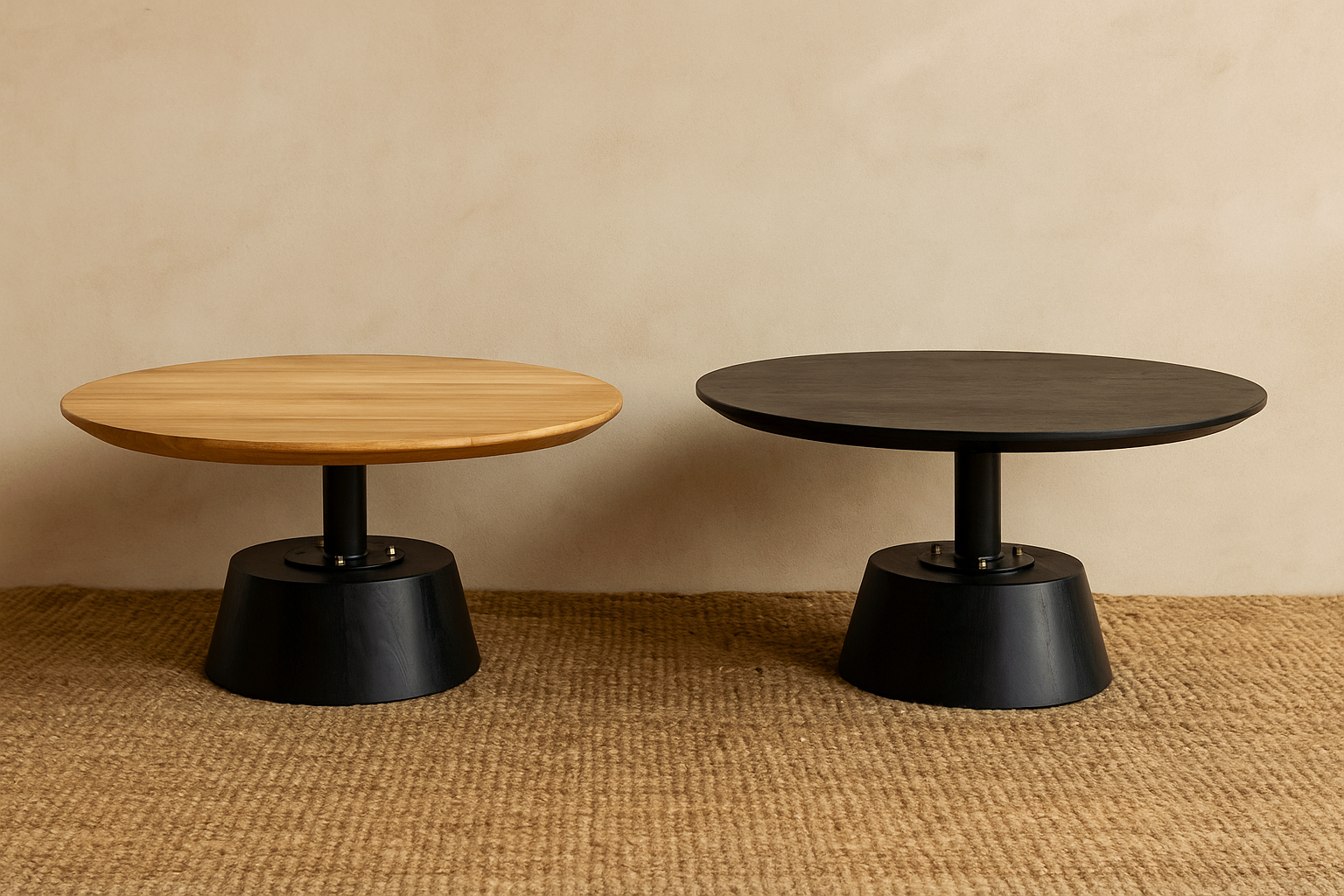 Ndoto Coffee Table with solid teak tops in natural and black finishes, sculptural black steel conical base, handcrafted round coffee table for homes, lodges, and boutique hotels.

