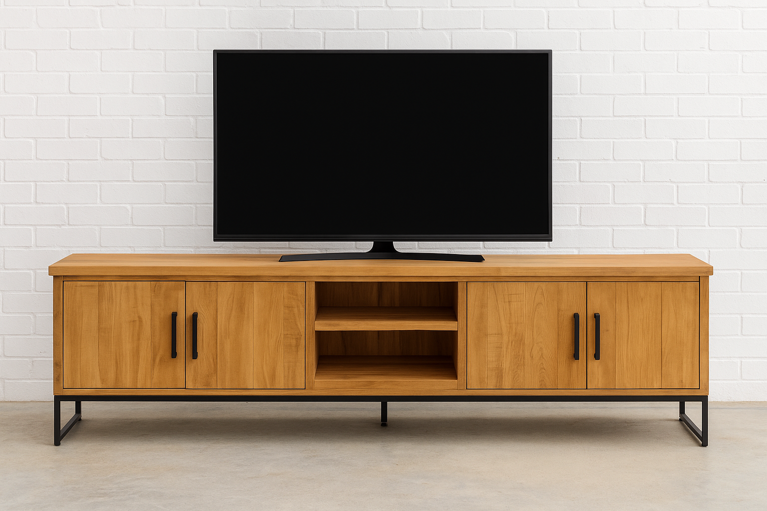 Ndoto Media Console in solid teak with black metal base, cabinet doors, and open central shelving, handcrafted media storage for homes, lodges, and boutique hotels.

