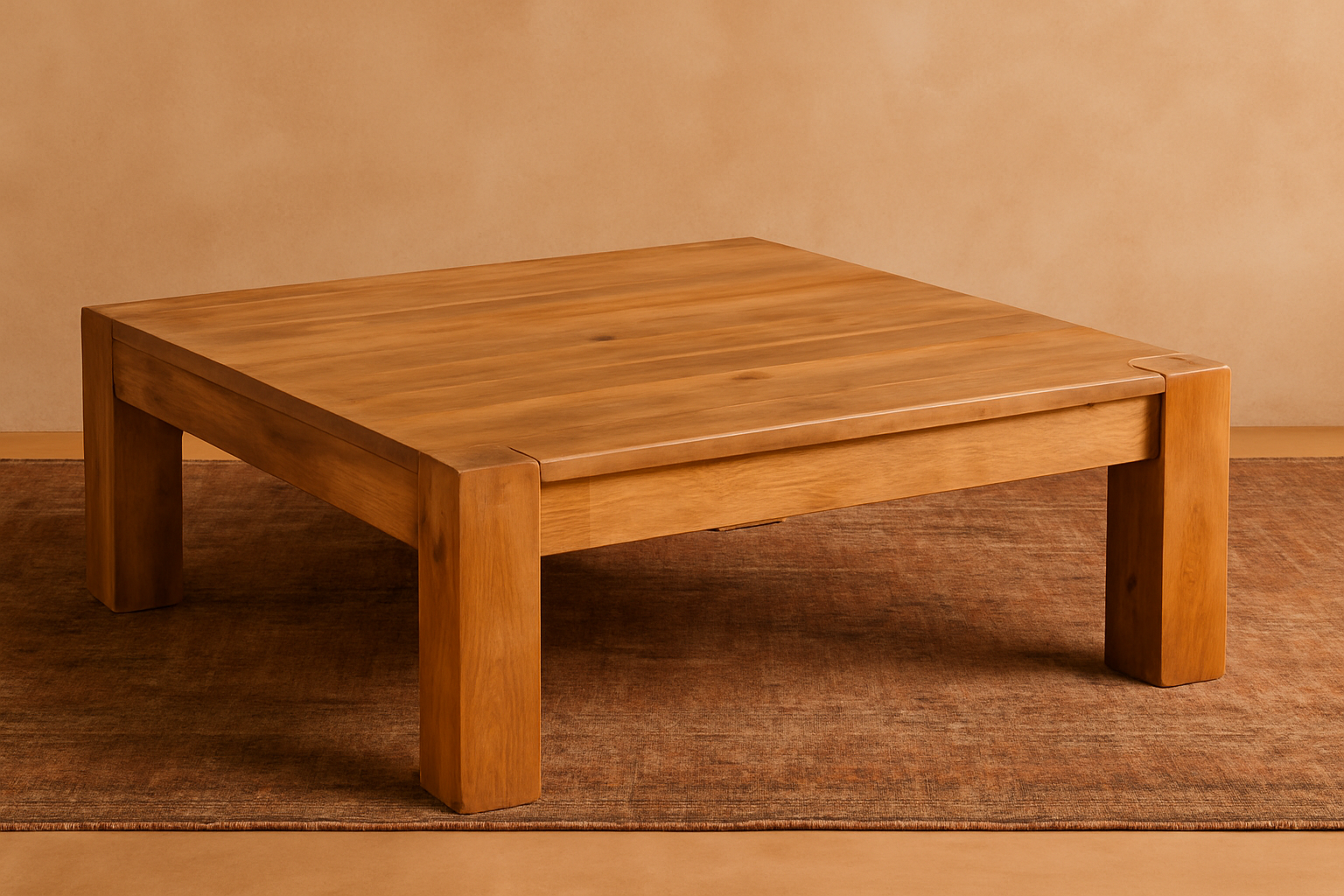 Nora Coffee Table in solid teak with square design, rounded corners, and chunky legs, handcrafted luxury coffee table for homes, lodges, and boutique hotels.

